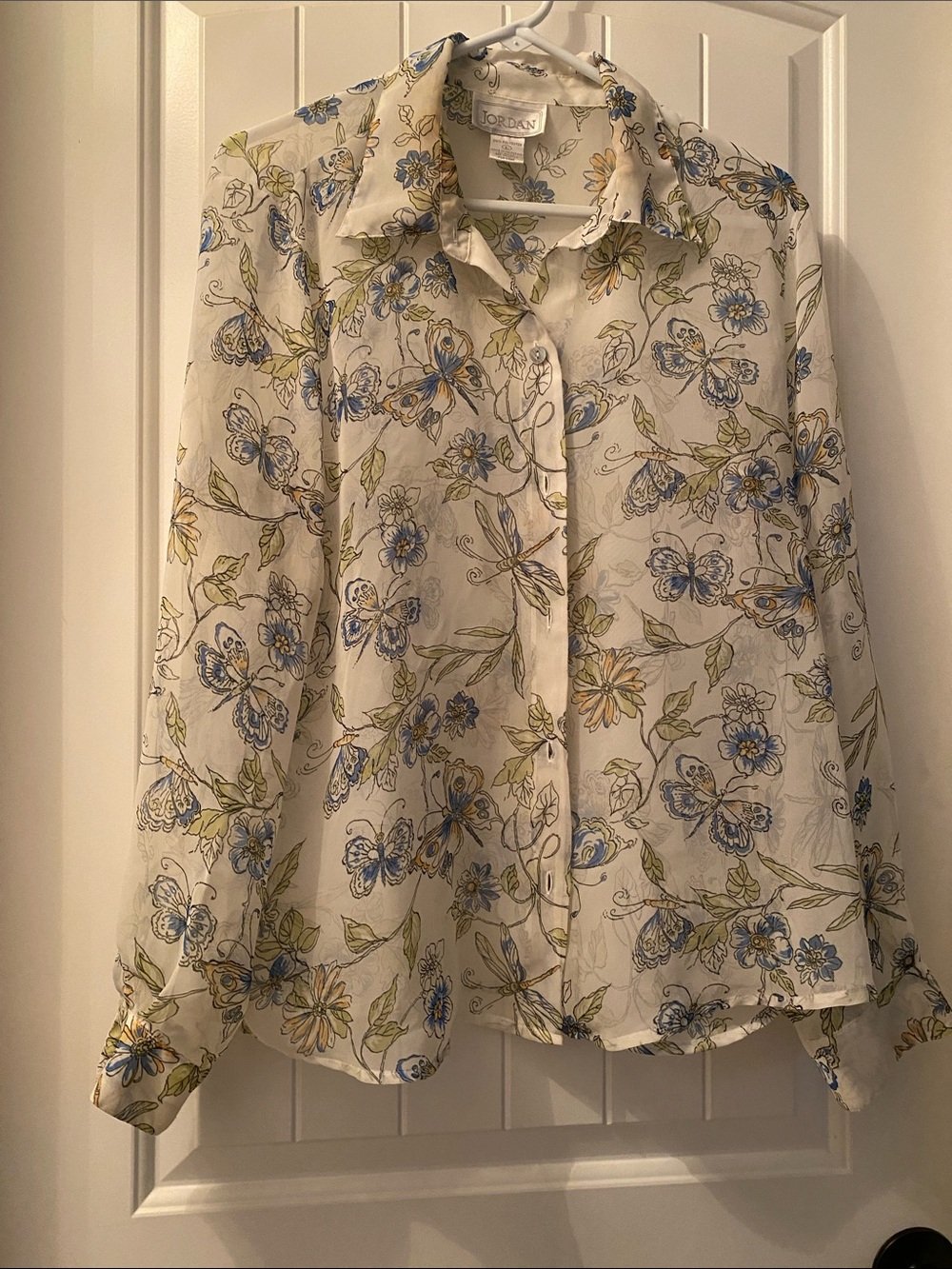 Jordan Sheer Floral Button-Up Blouse in Cream, Blue & Green